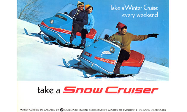 Snow Cruiser vintage ad showing two blue sleds on a snow-covered hill. 