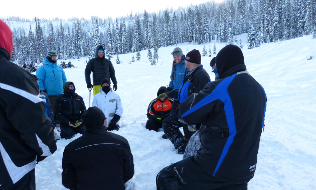 Participants listen intently at a typical avalanche safety field session.