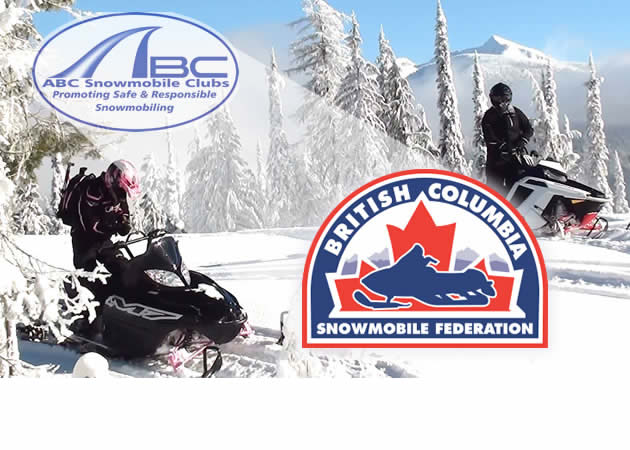 An image of snowmobiling with the BCSF logo and ABCSnow logo. 