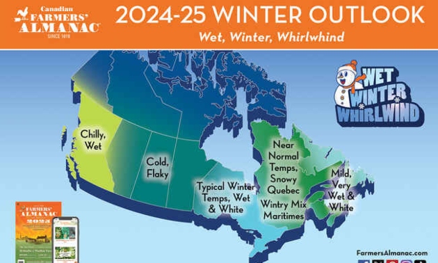 The Old Farmer’s Almanac weather map of Canada for winter 2023-2024. 