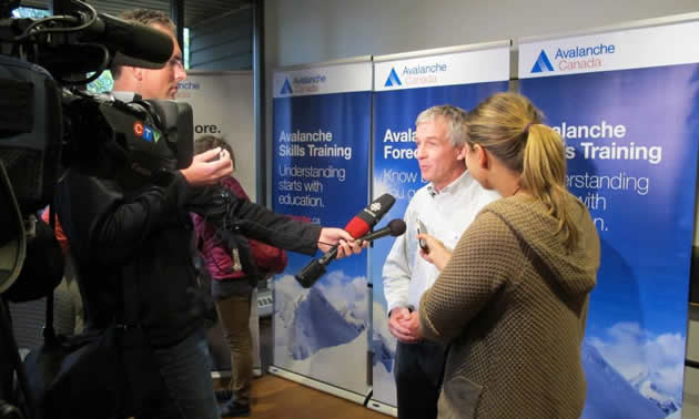 Avalanche Canada Foundation President Gord Ritchie being interviewed by the media at the launch of new logo and name.