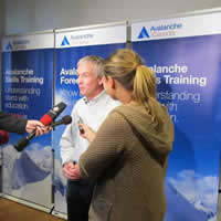 Avalanche Canada Foundation President Gord Ritchie being interviewed by the media at the launch of new logo and name.