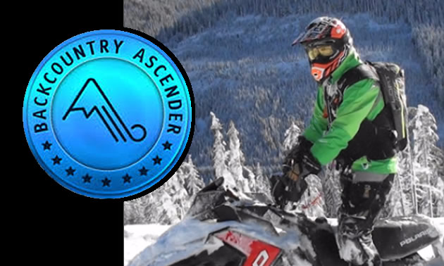 Picture of snowmobiler with BackCountry Ascender logo. 