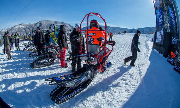 Blair Morgan racing snow bike at X Games. 