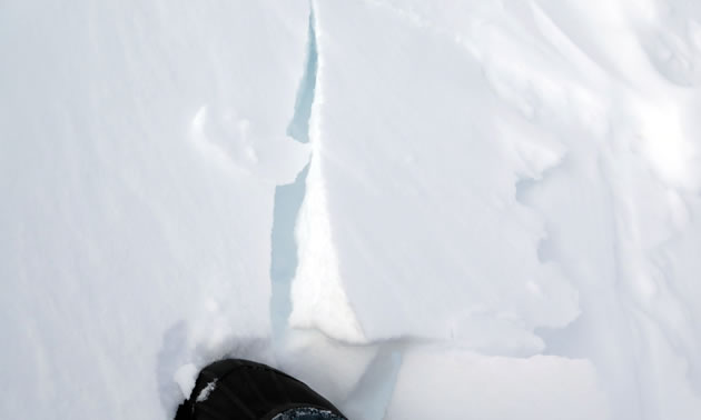 A crack in the snow under a boot print. 