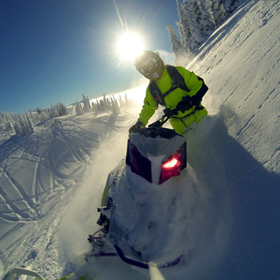 A GoPro photo of a snowmobiler sidehilling in Sicamous. 