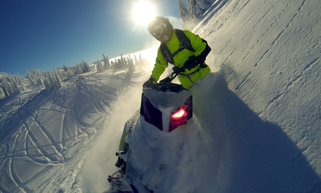 A GoPro photo of a snowmobiler sidehilling in Sicamous. 