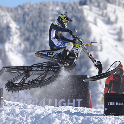 Colton Haaker racing snow bike at X Games. 