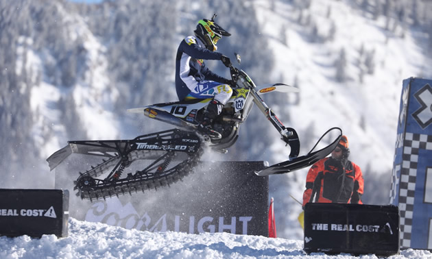 Colton Haaker racing snow bike at X Games. 