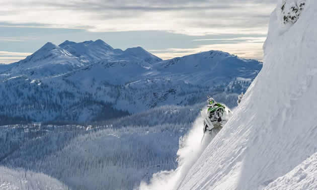 Derrick Neill on a steep sidehill in Revelstoke. 