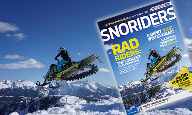 Stephanie Schwartz doing a snowmobile jump on the cover of Fall 2015 issue of SnoRiders magazine. 