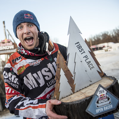 Levi LaVallee celebrates after winning Red Bull Snow Boundaries in Elk River, MN, USA on 20 February, 2016.