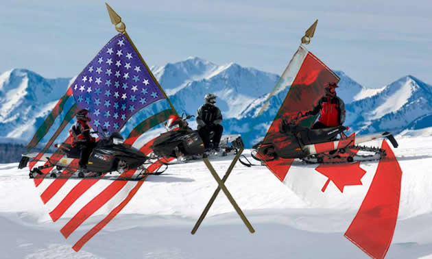 Picture of winter snowmobile scene, with U.S. and Canadian flags superimposed on top of picture. 