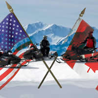 Picture of winter snowmobile scene, with U.S. and Canadian flags superimposed on top of picture. 