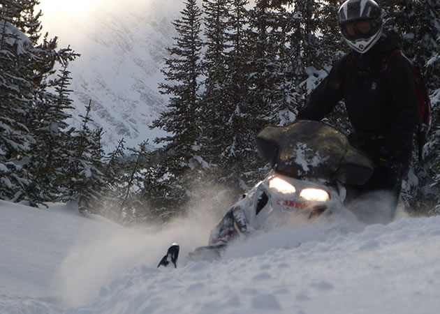 A guy wearing all black riding a white snowmobile on the trail.