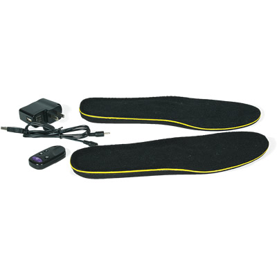 Black heated insoles with a remote control and charger. 
