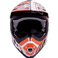 A front view of an orange and white Magneto Helmet.  