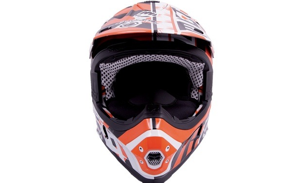 A front view of an orange and white Magneto Helmet.  