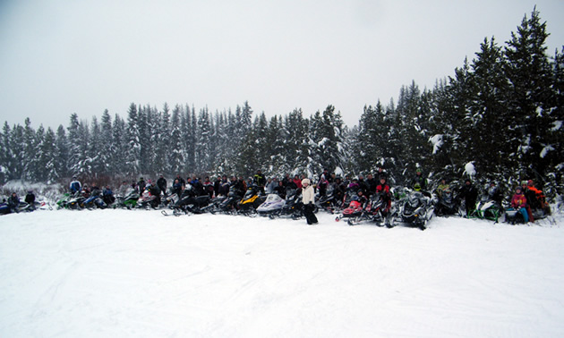 A group of snowmobilers lined up in a row. 