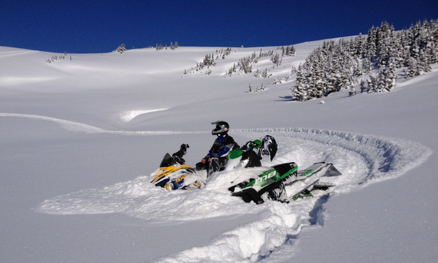 Justin Bowes is sitting on his snowmobile, which is almost buried in fresh powder in a mountain meadow.

