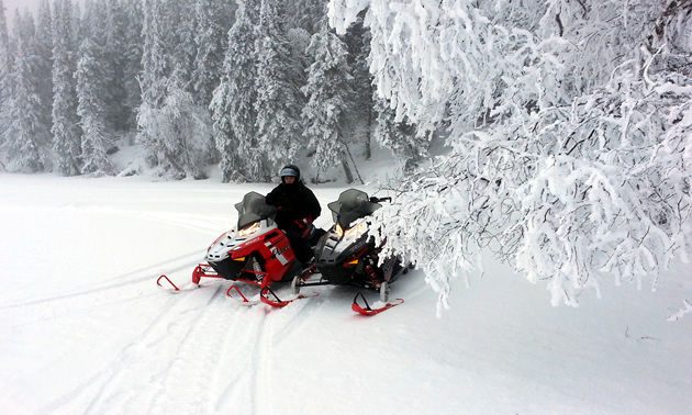 A woman sitting on a snowmobile. 