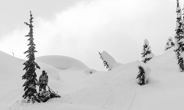 Jake Bauer standing in fresh powder.  