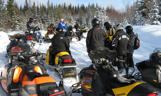 Group of snowmobilers on the Gold Rush Snowmobile Trail.