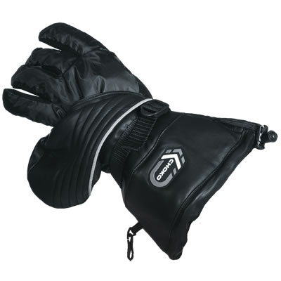 Black leather mittens that turn into gloves for snowmobiling. 