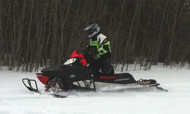 Photo of a woman riding a red and black snowmobile right next to a forest.