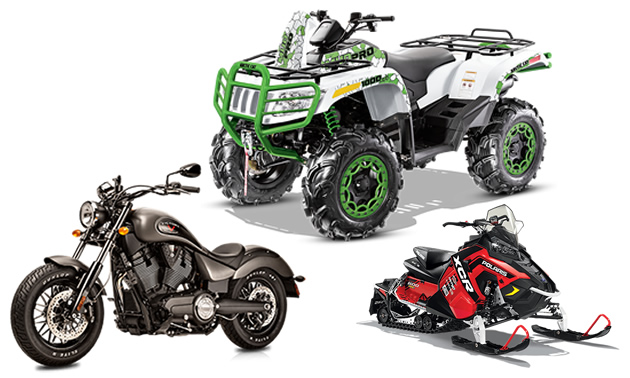 Collage of an ATV, motorcycle and snowmobile.