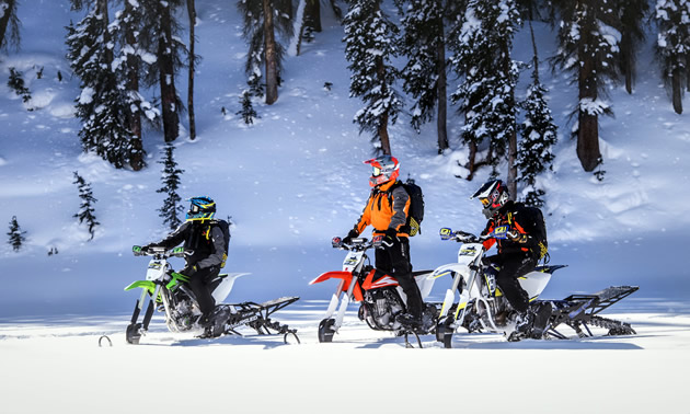 Three Timbersled snow bike riders on the new setup for 2017. 