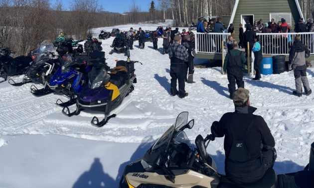 sleds outside a warm up shelter