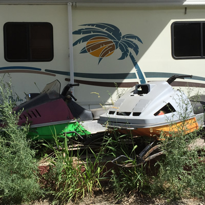 Picture of two old snowmobiles sitting amongst long weeds and grass.