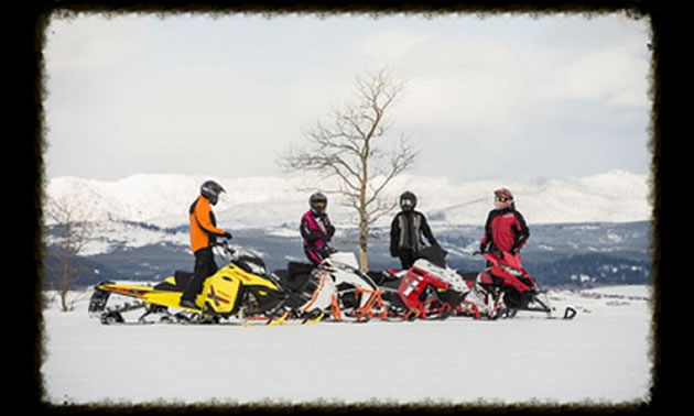 four snowmobilers taking a break