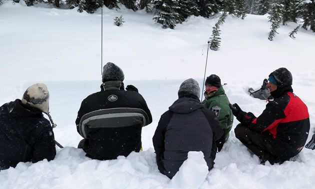 A group of AST students digging a snow pit. 