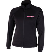 A black fleece jacket with a pink emblem on it. 