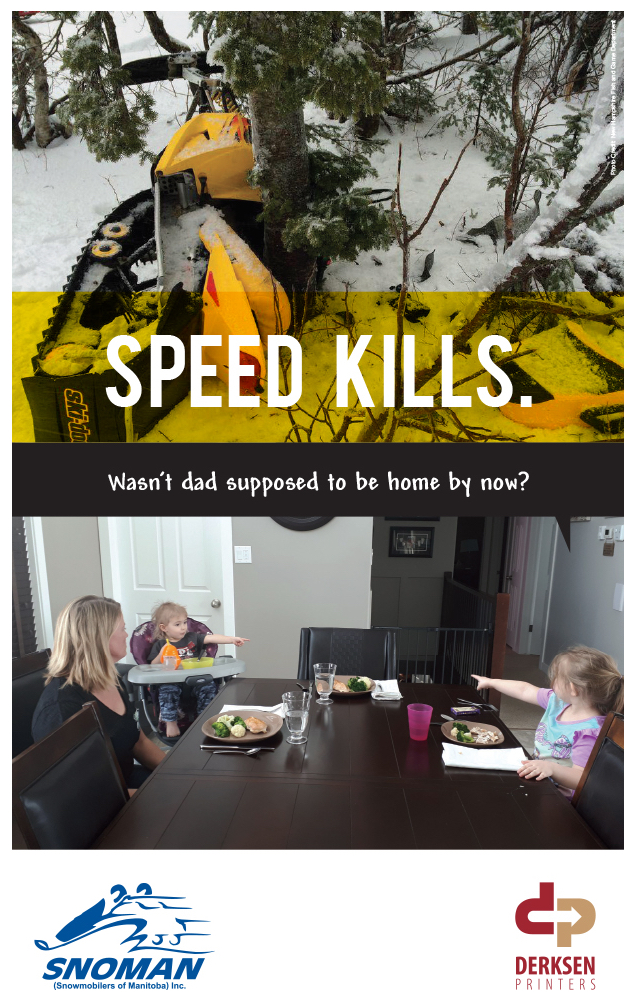 A snowmobile wrapped around a tree and a family missing it's fourth member. Picture used for Manitoba's Snoman Speed Kills Campaign.