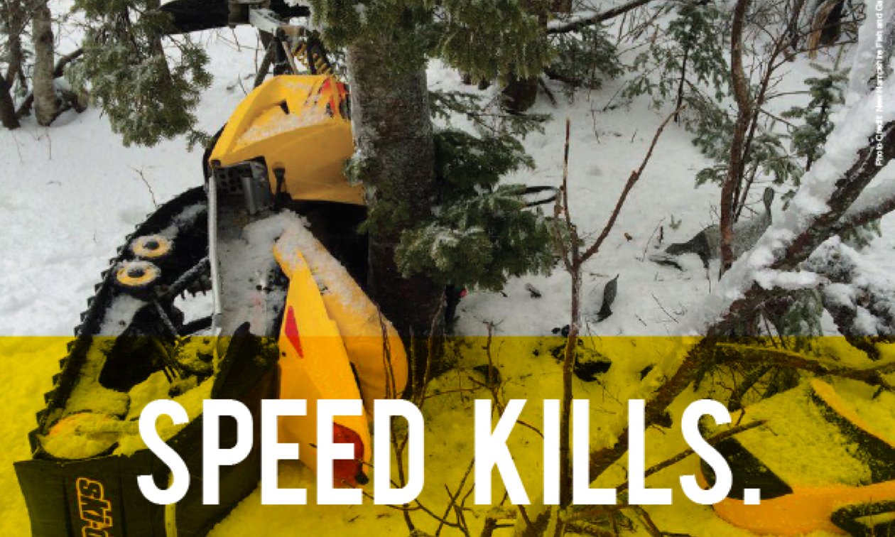 A snowmobile wrapped around a tree. Picture used for Manitoba's Snoman Speed Kills Campaign.