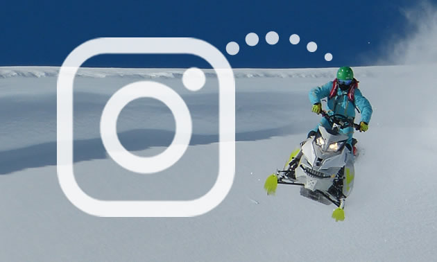 A snowmobiler dropping a cornice with the SnoRiders instagram logo on the photo. 