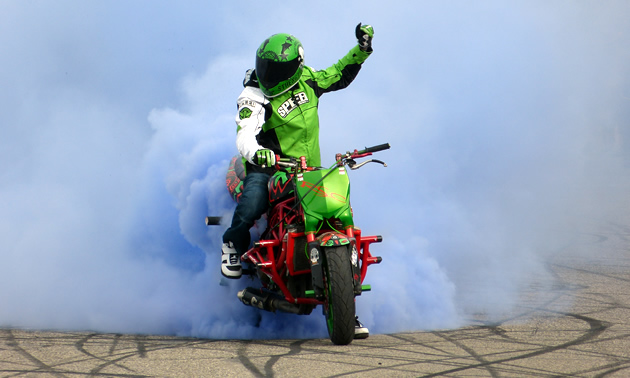 A streetbike rider does a burnout. 