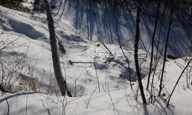 A cutbank along the scenic Cowan Trail with a 30-metre drop-off. 