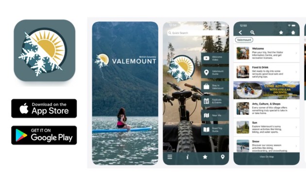 An image of the Valemount app on the App Store and Google Play