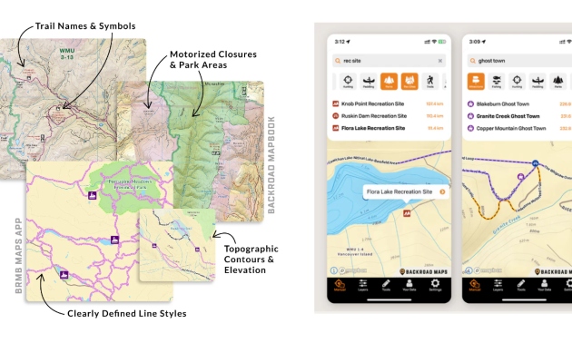 Images from Valemount’s map from BRMB Maps, showing trails, access roads and other features