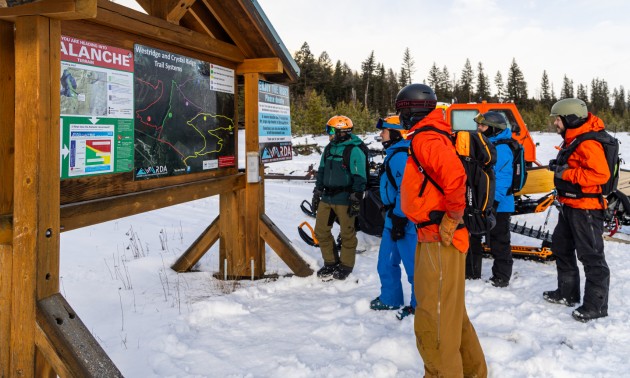 sledders looking at an avalanche bulletin