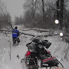 Man, snowmobile, fallen tree.
