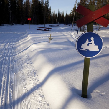 A snowmobile trail with a crossing sign and a sign indicating snowmobilers can cross. 