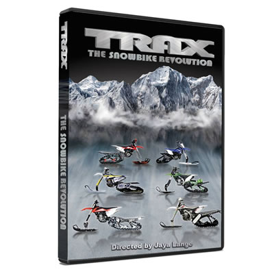 Several snow bike kits on the front cover of Trax film. 