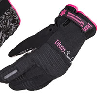 Black and pink moto-style gloves. 