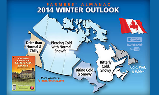 A map of Canada with weather predictions on each province. 