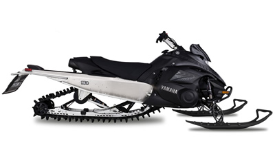 Side profile of a black snowmobile from Yamaha. 